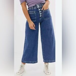 We The Free People The Colette Wide Leg Crop Jean 27‎ Button Fly Sailor Med Wash
